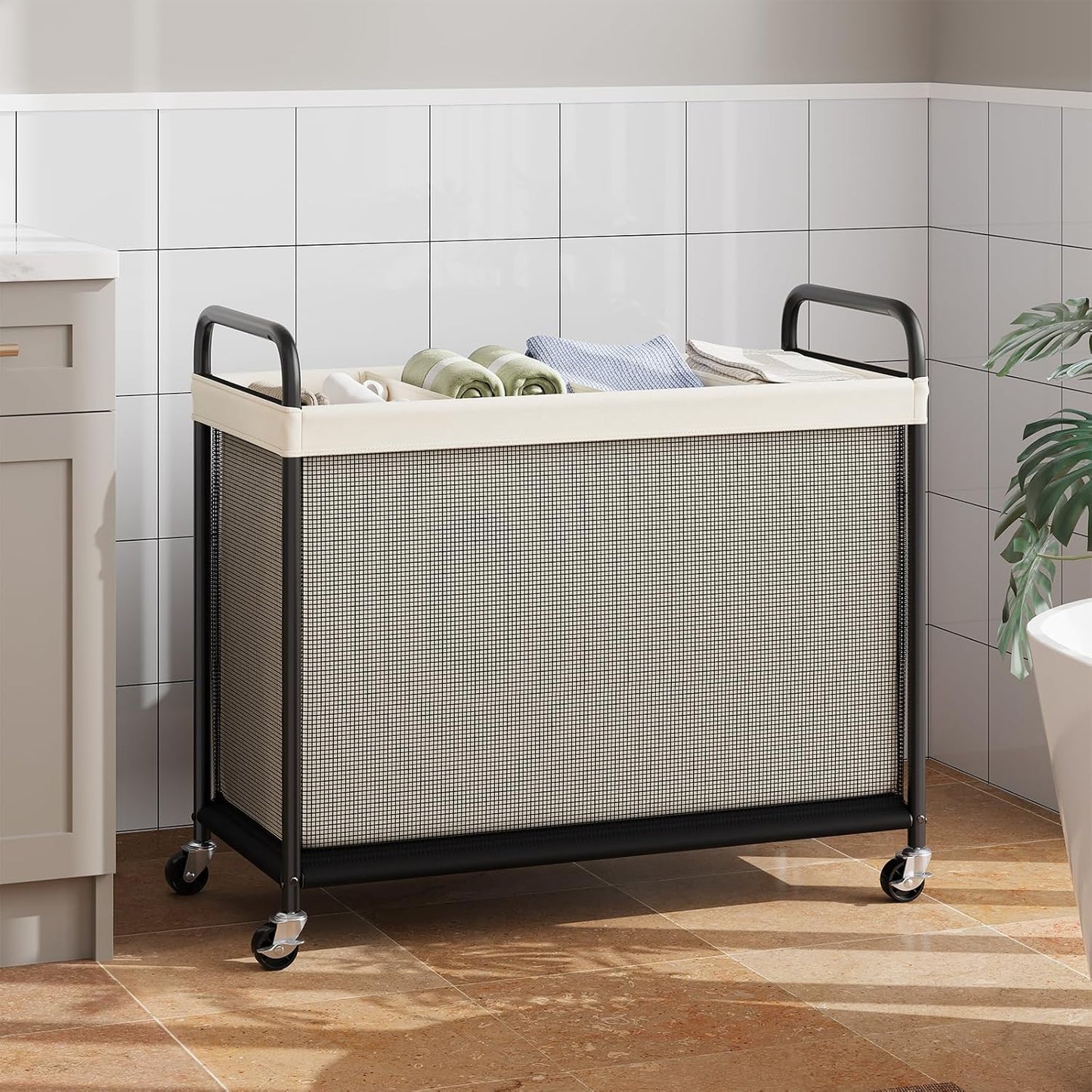 ELYKEN Laundry Hamper 2 Section, 100L Rolling Laundry Sorter with Wheels | Removable Washable Liner Bags, Sturdy Steel Frame and Metal Handle, Double Compartment Clothes Organizer for Laundry Sorting