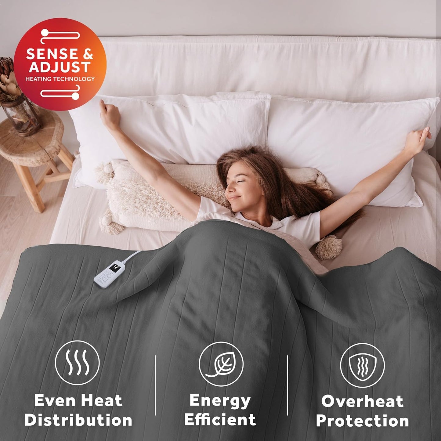 Sunbeam Royal Posh Dove Grey Heated Personal Throw / Blanket, Cozy-Warm, Adjustable Heat Settings