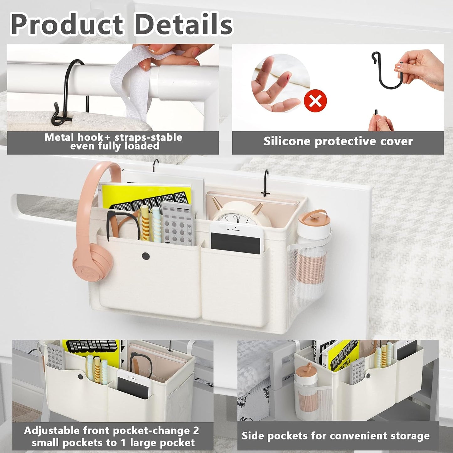 Bedside Caddy Bedside Storage Hanging Organizer for Bunk Dorm Bed Rail | Bed Caddy with Hooks, Top Bunks and Dorm Essentials for Water, Tissues, Tablets, Books, Phones, Remotes and Other Necessories