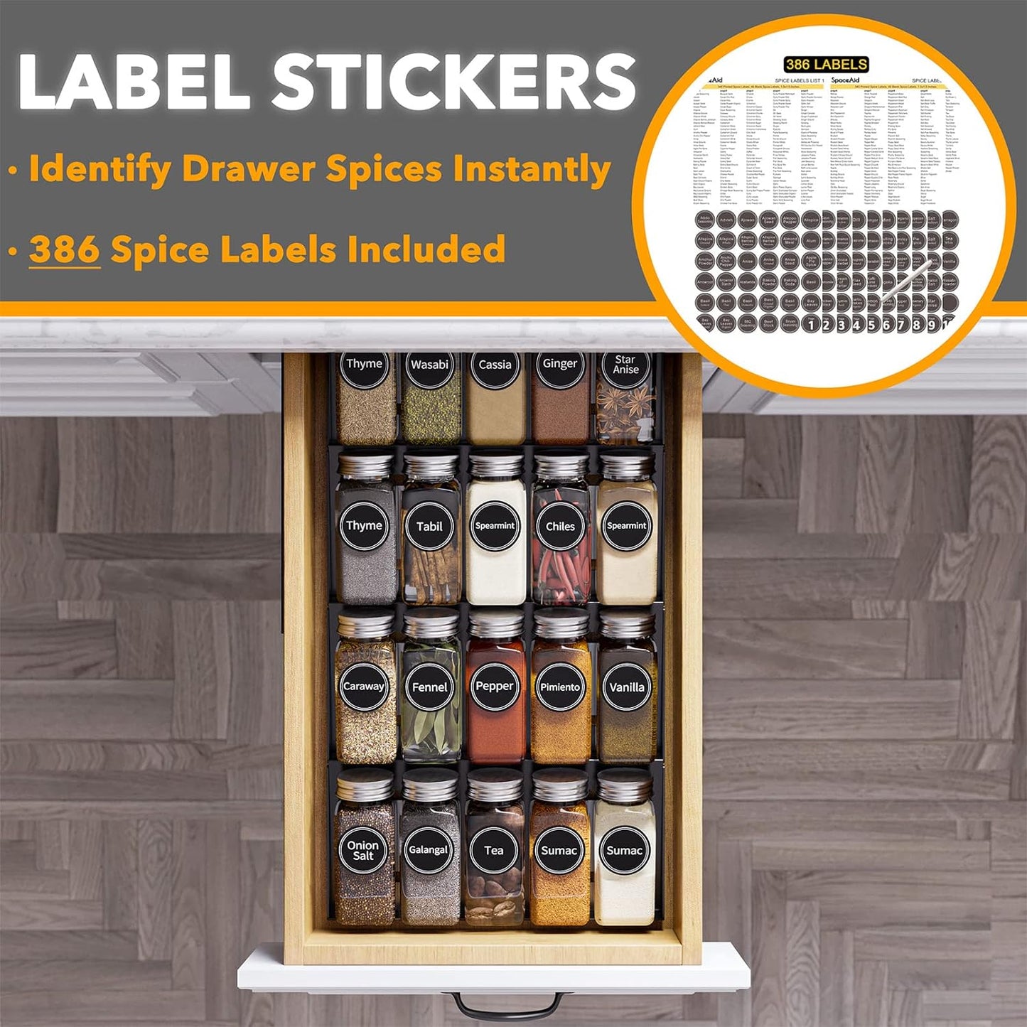 SpaceAid Spice Drawer Organizer with 28 Spice Jars, 386 Spice Labels, 4 Tier Seasoning Rack Tray Insert for Kitchen Drawers, 13" Wide x 17.5" Deep