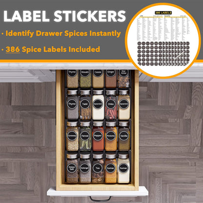 SpaceAid Spice Drawer Organizer with 28 Spice Jars, 386 Spice Labels, 4 Tier Seasoning Rack Tray Insert for Kitchen Drawers, 13" Wide x 17.5" Deep