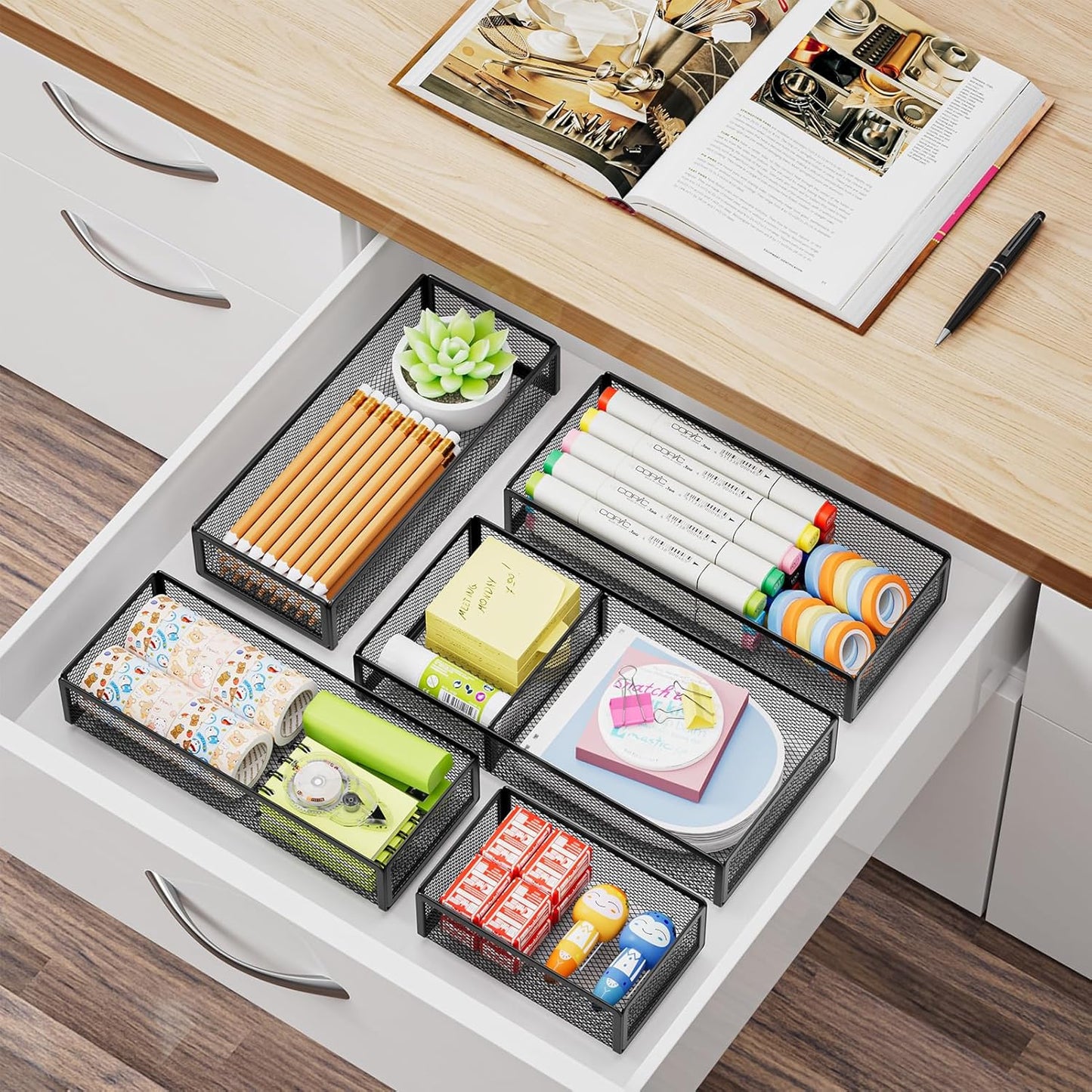 Marbrasse 5 Pack Desk Drawer Organizer Set, Mesh Drawer Storage Trays with 1 Adjustable Divider, Desk Organizers and Accessories, 5 PCS Drawer for Office Supplies, Makeup & Vanity (Black)