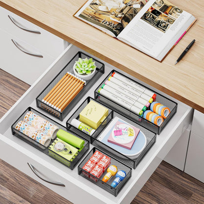Marbrasse 5 Pack Desk Drawer Organizer Set, Mesh Drawer Storage Trays with 1 Adjustable Divider, Desk Organizers and Accessories, 5 PCS Drawer for Office Supplies, Makeup & Vanity (Black)
