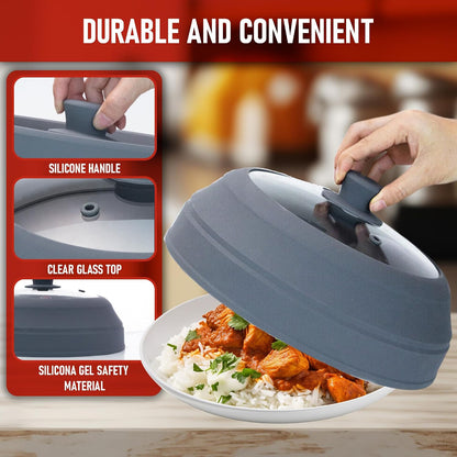 Microwave Splatter Cover Glass for Food - Large 10.8" Tempered Glass & Silicone Lid, Heat Resistant, Splatter Guard with Easy-Grip Handle