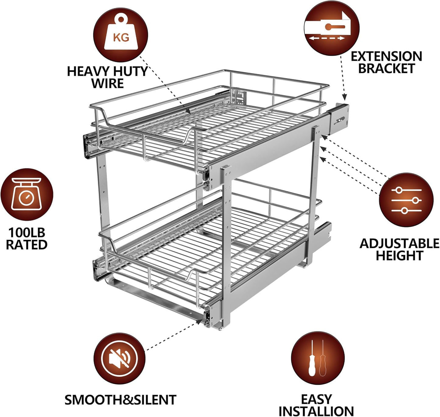 2-Tier Cabinet Pull Out Shelves, 14" W x 22" D, Chrome | Heavy-Gauge Wire Kitchen Cabinet Organizer, 100 lbs Capacity, Ball-Bearing Glides, Min 15" Opening, For Tupperware & Bowls