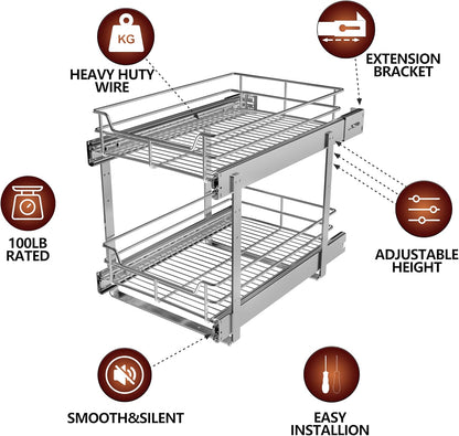 2-Tier Cabinet Pull Out Shelves, 14" W x 22" D, Chrome | Heavy-Gauge Wire Kitchen Cabinet Organizer, 100 lbs Capacity, Ball-Bearing Glides, Min 15" Opening, For Tupperware & Bowls