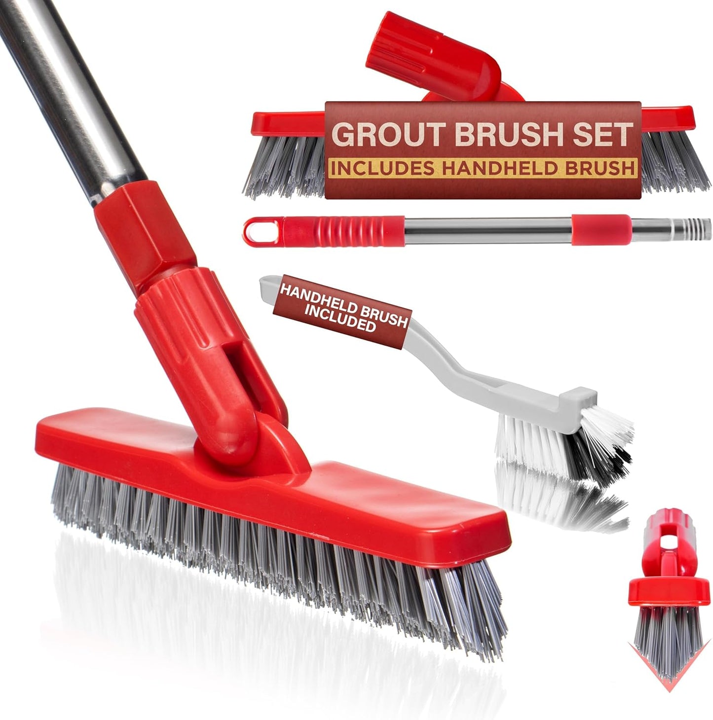 Foxtrot Living Grout Brush with Long Handle and Crevice Cleaning Brush Set | V-shaped, telescopic handle, crevice cleaning included, Grout cleaner for tile floors