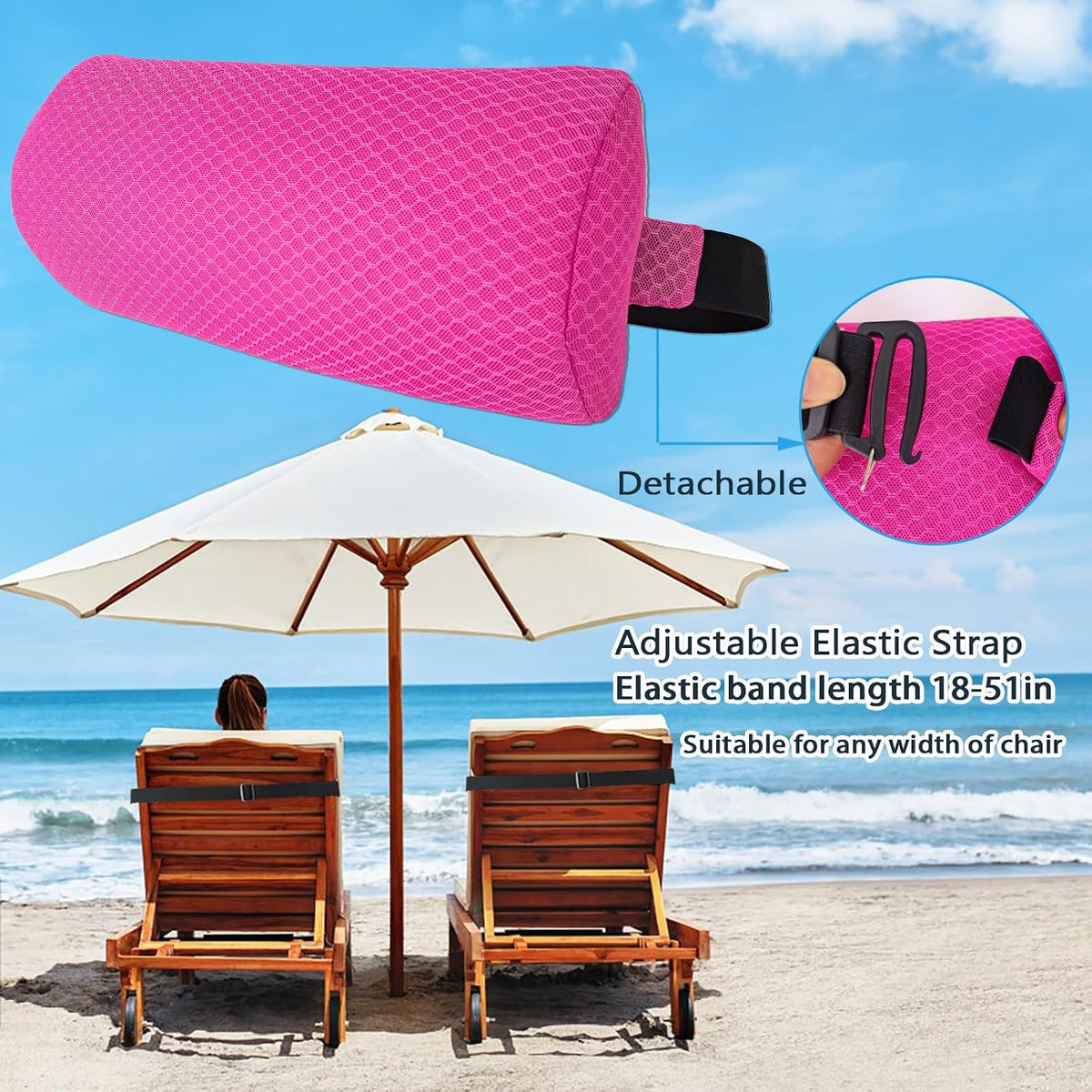 1 Pack Headrest Pillow for Patio Chaise Lounge,Recliner,Beach Chair,Gray | Resilient 3D mesh pillow with removable washable cover, adjustable elastic strap, ergonomic support, lightweight portable