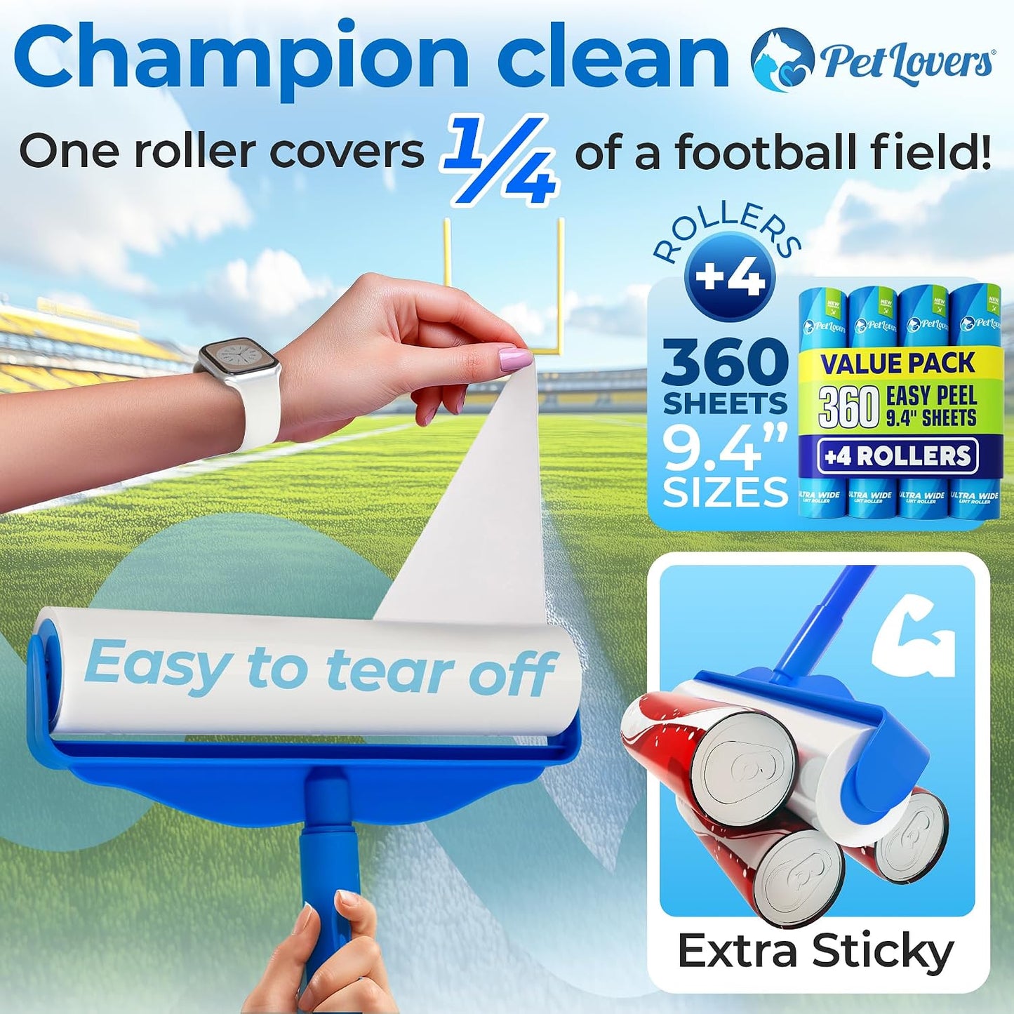 PetLovers Extra Sticky Lint Roller Mega Value Set 450 Sheets for Pet Hair Removal and Clothes, Dog and Cat Lint Remover 5 Pack