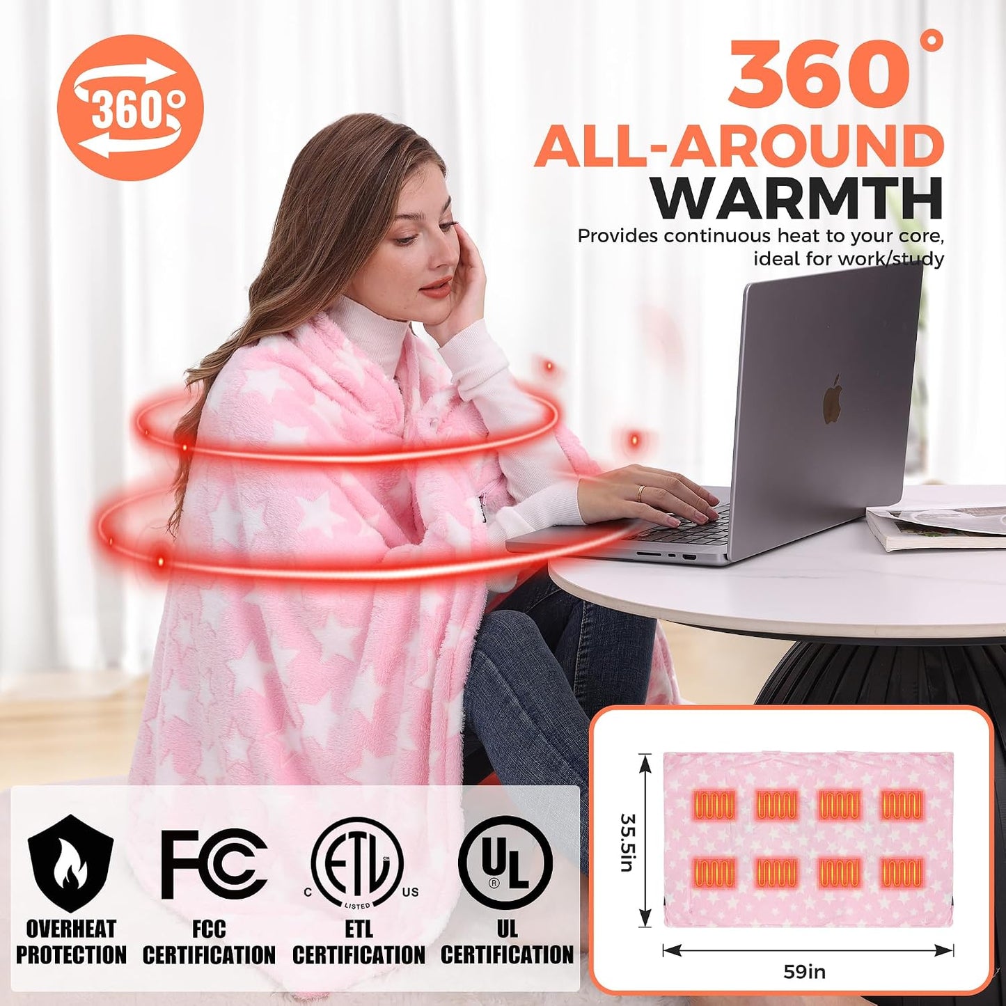 KSFJZF Heated Blanket, Cordless Portable Rechargeable Heated Throw Blanket | Battery Operated Heating Blanket with 20000mAh Power Bank, 59" x 35.5" Electric Heated Shawl, 3 Fast-Heating Levels (Pink)