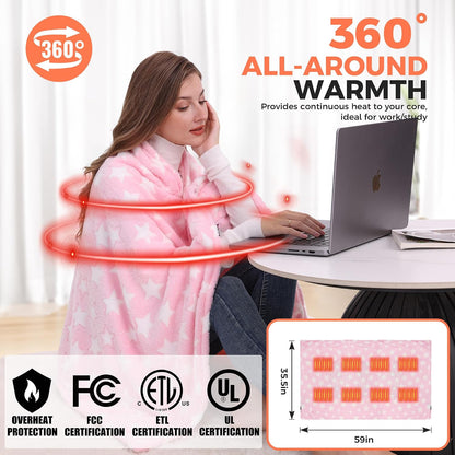 KSFJZF Heated Blanket, Cordless Portable Heated Throw Blanket, Battery Operated Heating Blanket with Rechargeable 20000mAh Power Bank, 59" x 35.5" Electric Heated Shawl, 3 Fast-Heating Levels (Pink)