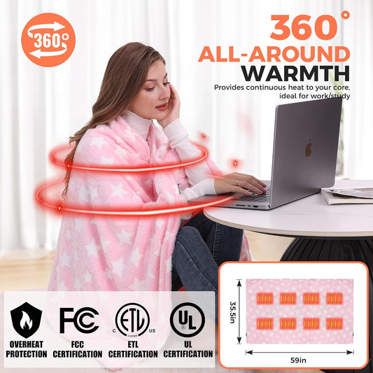 KSFJZF Heated Blanket, Cordless Portable Heated Throw Blanket, Battery Operated Heating Blanket with Rechargeable 20000mAh Power Bank, 59" x 35.5" Electric Heated Shawl, 3 Fast-Heating Levels (Pink)