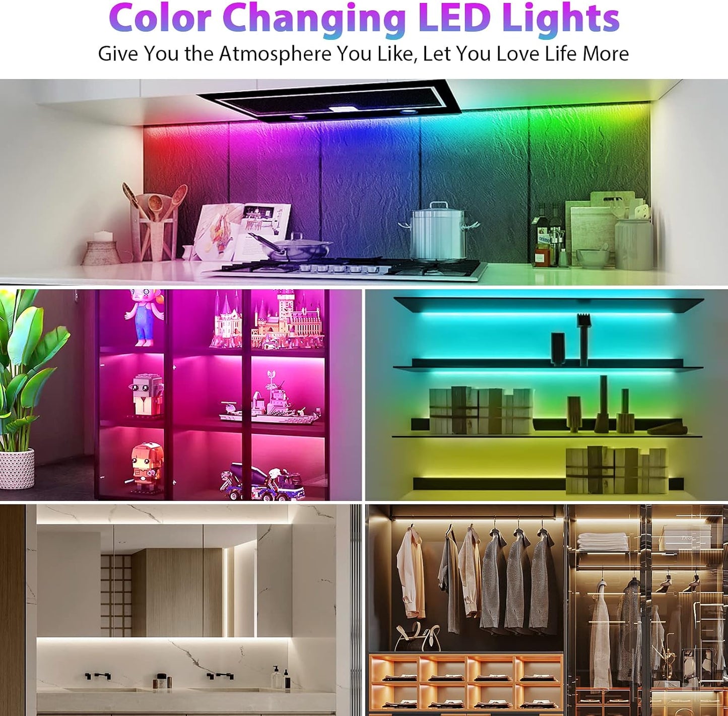 6Pcs Under Cabinet Lights Kit,Music Sync Color Changing LED Lights with RF Remote and APP,Dimmable Flexible Cabinet Lights,5V USB Under Cabinet LED Lighting for Counter Shelf Bookcase TV Back-6x1.64ft | Dimmable Flexible Music Sync Cabinet Lights,5V USB