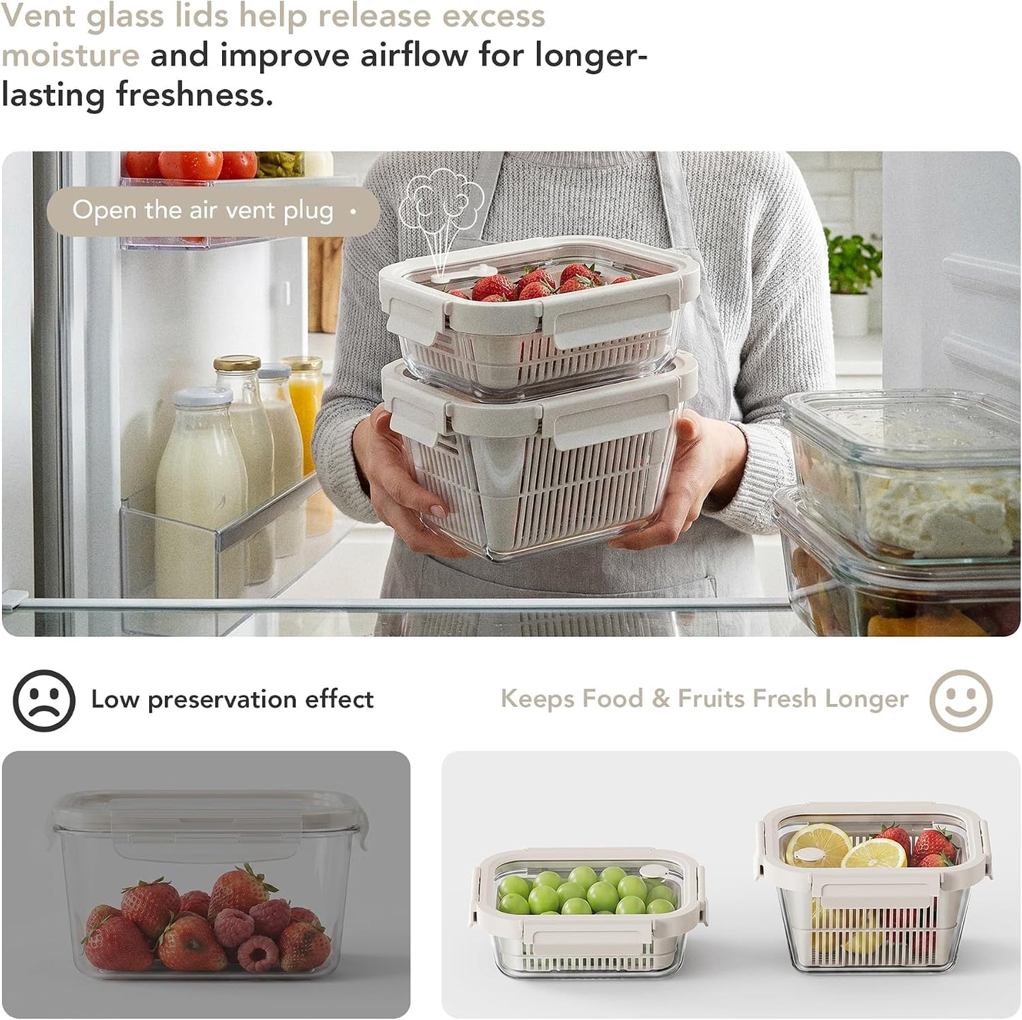 Glass Produce Storage Containers for Fridge, 2-Pack – Airtight Fruit & Vegetable Containers with Removable Colanders, Flexible Silicone Lids,LeakProof, BPA-Free Borosilicate Glass