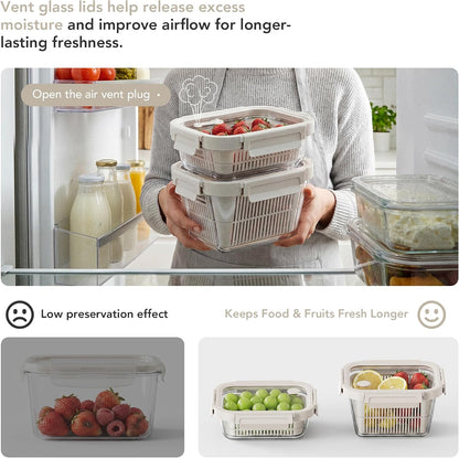 Glass Produce Storage Containers for Fridge, 2-Pack – Airtight Fruit & Vegetable Containers with Removable Colanders, Flexible Silicone Lids,LeakProof, BPA-Free Borosilicate Glass