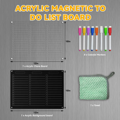 YNGRUE Acrylic Magnetic Dry Erase Board for Fridge - 12"x10"Magnetic to Do List Set w/Clear Acrylic Panel+Black Backing, Refrigerator Grocery Board w/8 Markers&Towel for Teens Adult Family Kids