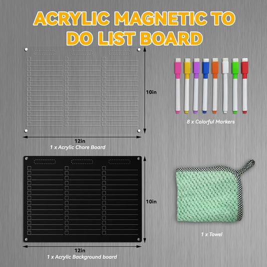 YNGRUE Acrylic Magnetic Dry Erase Board for Fridge - 12"x10"Magnetic to Do List Set w/Clear Acrylic Panel+Black Backing, Refrigerator Grocery Board w/8 Markers&Towel for Teens Adult Family Kids