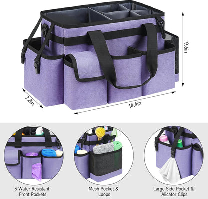 Cleaning Caddy Bag,Large Cleaning Supplies Organizer with Handle for Housekeepers,Purple