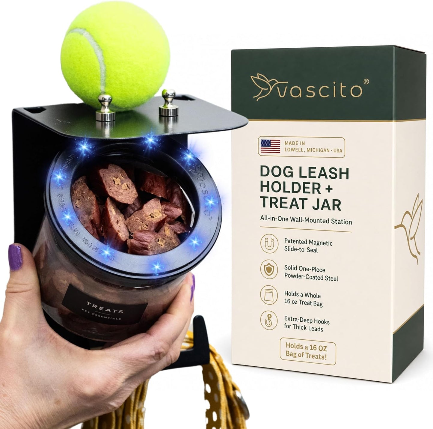 Dog Leash Holder for Wall with Shelf — Wall Mounted Dog Treat Holder & Station, 2 Airtight 32oz Treat Containers, 9 Hooks, Patented Lidless Slide-to-Seal Jars, Solid Steel, Made in USA