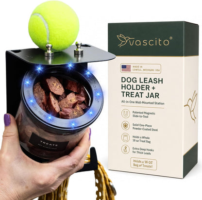 Dog Leash Holder for Wall with Shelf — Wall Mounted Dog Treat Holder & Station, 2 Airtight 32oz Treat Containers, 9 Hooks, Patented Lidless Slide-to-Seal Jars, Solid Steel, Made in USA