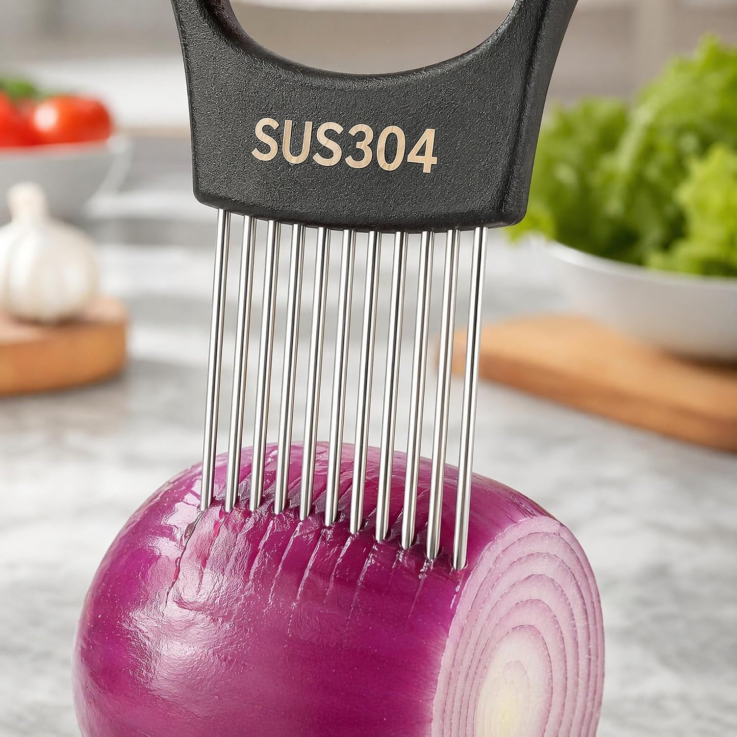 304 Stainless Steel Onion Holder & Slicer - Multi-Fruit Vegetable Fixing Tool with Sharp Prongs for Tomato, Lemon, Avocado - Safe Kitchen Gadget