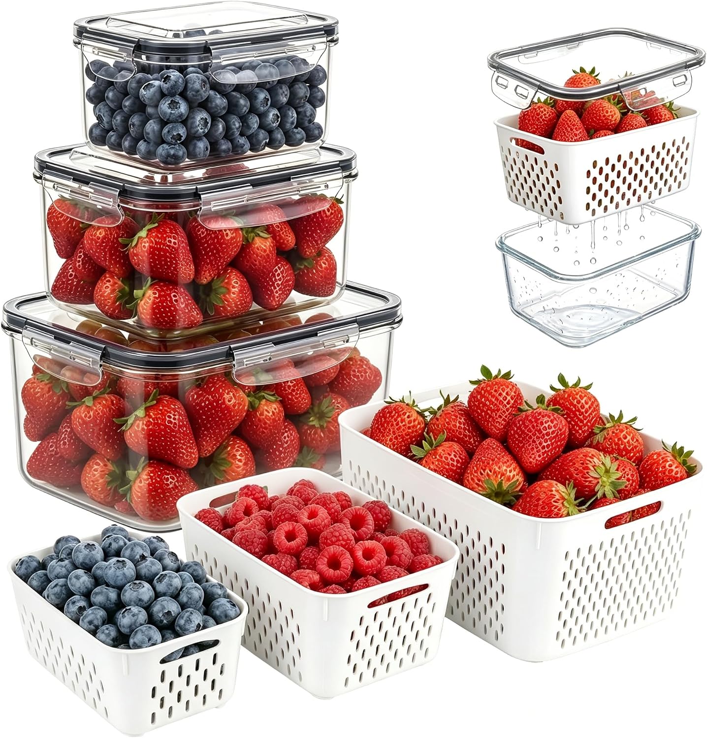Berry keeper Fruit Storage Containers for Fridge with Removable Colander | 4 in 1 Food Storage Containers with Lids, Dishwasher Safe Easy to Clean, Keep Strawberry and Other Fruit Fresh Longer, 4PCS