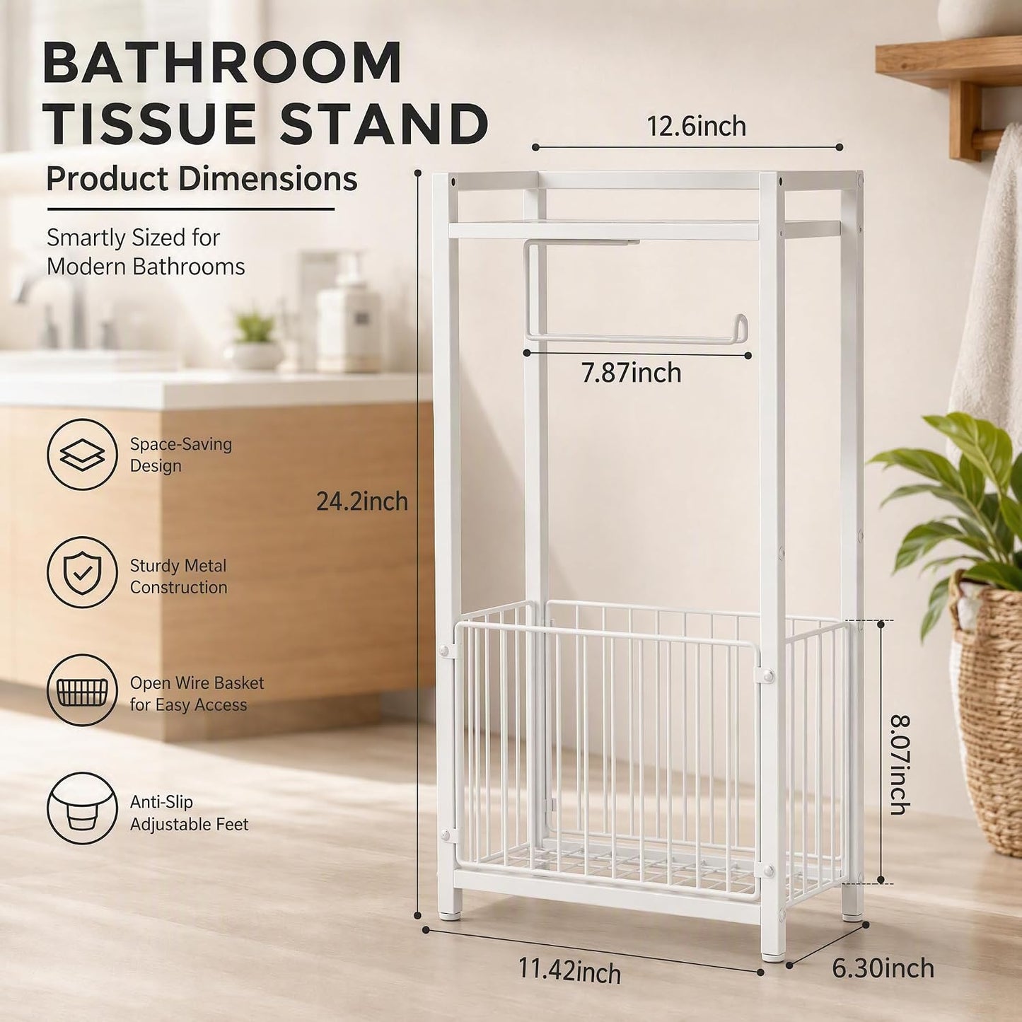 Freestanding Toilet Paper Holder with Storage Shelf | Bathroom Tissue Stand with Space for Phone, Tablet, and Magazines – All-in-One Toilet Roll Dispenser and Organizer