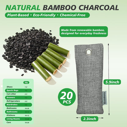 Activated Charcoal Bags Air Purifying 15 Pack, Bamboo Charcoal Odor Absorber for Home Closet Car Shoes, 70g Gray, Natural Odor Neutralizer, Moisture Absorber, Reusable up to 2 Years, 6 Hooks