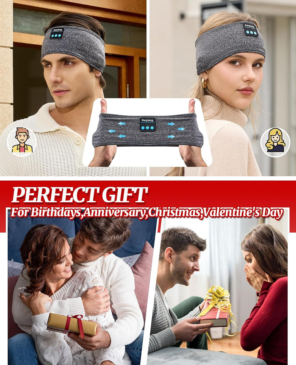 Perytong Sleep Headphones Bluetooth 5.4 Headband, Wireless Sleep Headphones with Ultra-Thin HD Stereo Speakers for Side Sleepers, Soft & Sweat Resistant Sport Headband for Yoga Travel Workout