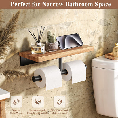 Tindbea Toilet Paper Holder with Wood Shelf, Wooden Wall Mount Tissue Paper Roll Holder, Matte Black Stainless Steel Bathroom Accessories Decor Household Home Apartment Restroom Essentials (Walnut)
