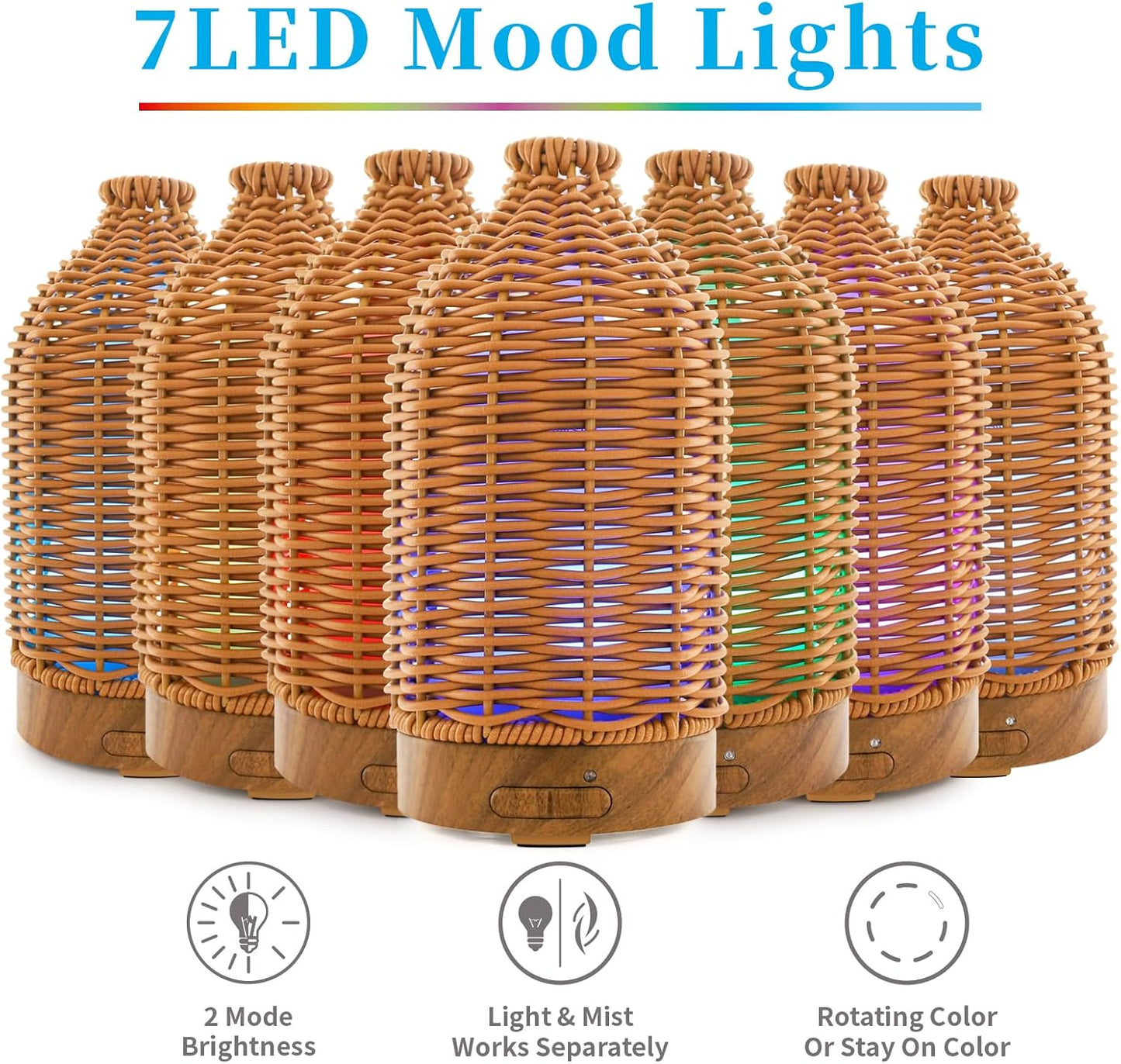 VICTORIA AROMA Essential Oil Diffuser - Multifunction Aromatherapy Diffuser 7 LED Color Changing Light 100ML Rattan Diffuser Easy to Clean Suitable for Home,Office (Tan)