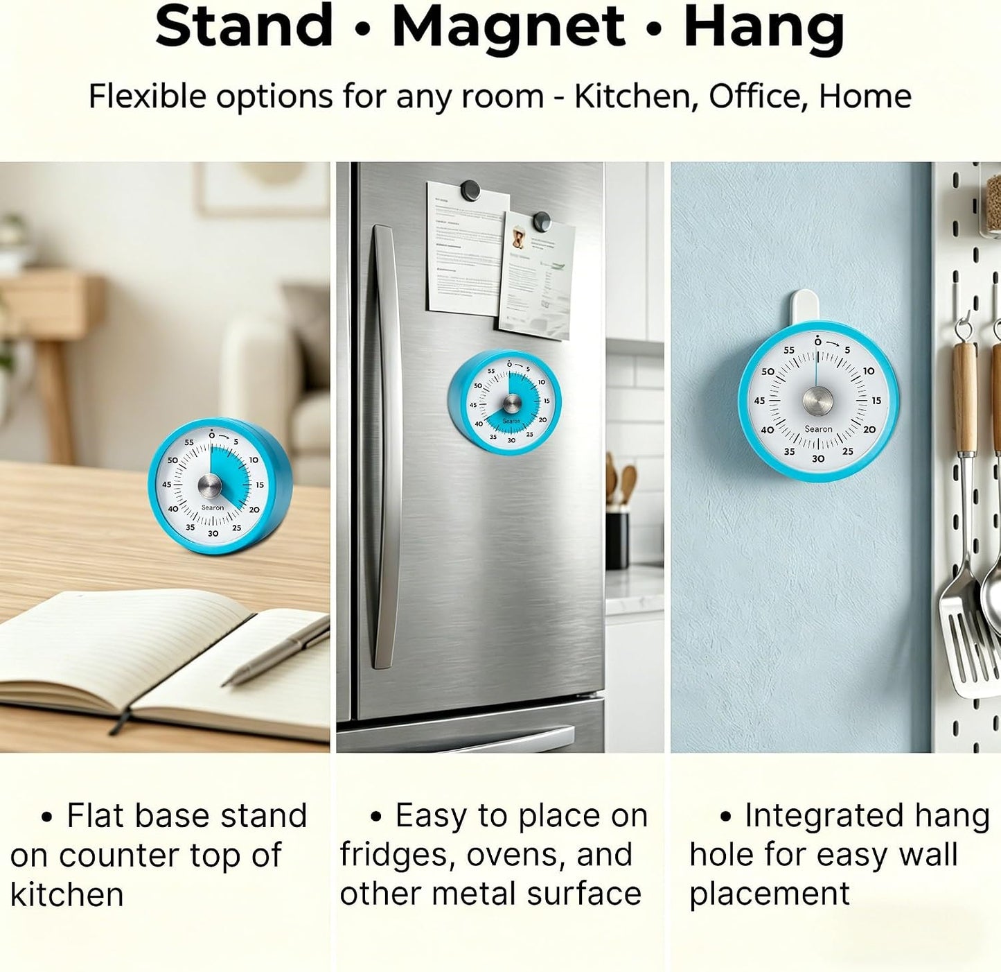 Searon Magnetic Visual Classroom Timer for Teachers, 60-Minute Countdown | No-Tick with Sound or Silent LED Alert, Pause, Magnet/Stand/Hang for Reading, Small Groups & Classroom Routines