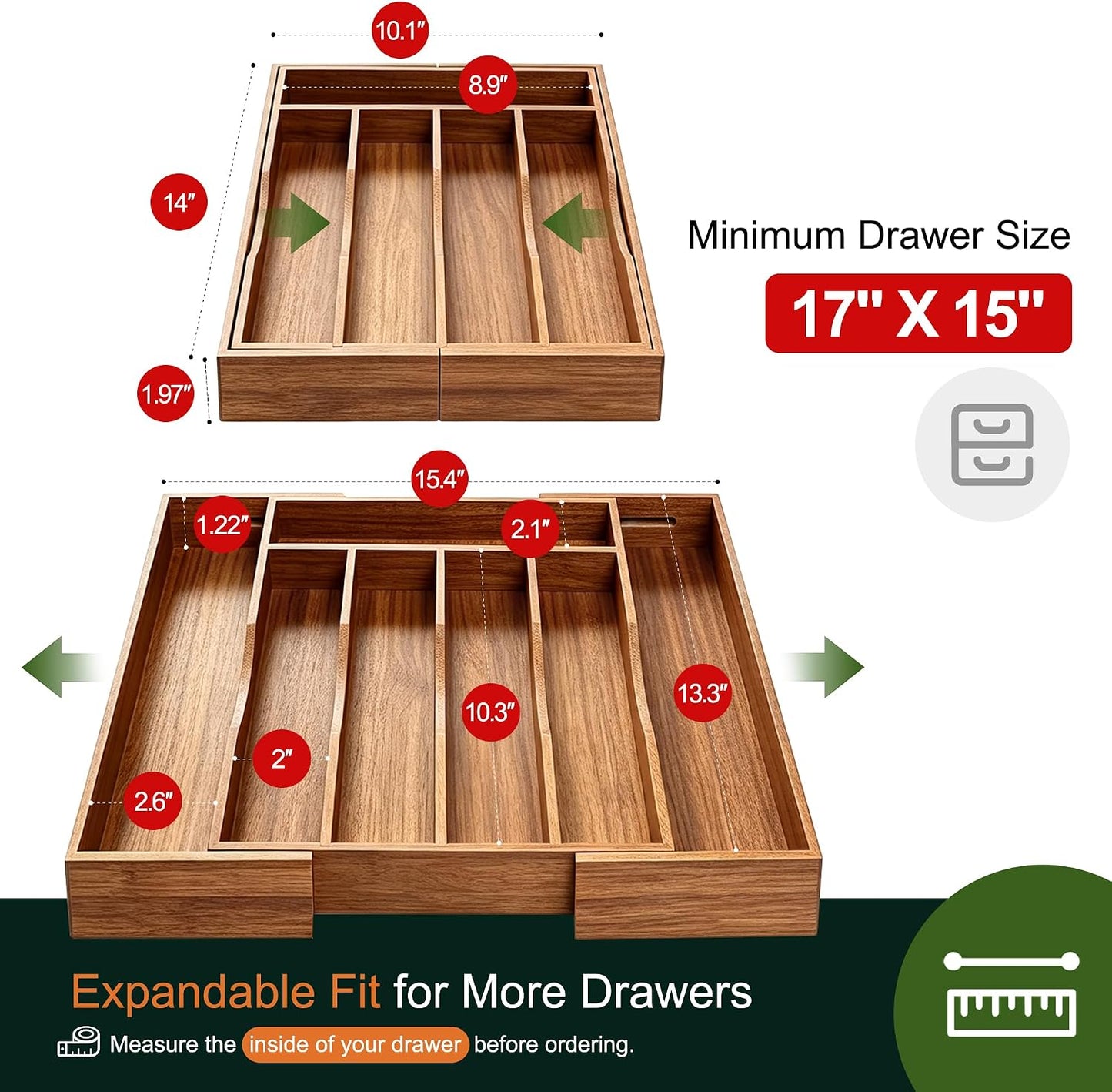 Expandable Bamboo Kitchen Drawer Organizer for Cutlery and Utensils, Adjustable Bamboo Wood Cutlery Tray in Drawer for Flatware and Silverware in Kitchen, (Natural)