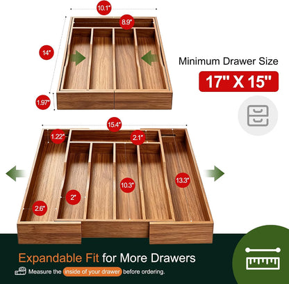 Expandable Bamboo Kitchen Drawer Organizer for Cutlery and Utensils, Adjustable Bamboo Wood Cutlery Tray in Drawer for Flatware and Silverware in Kitchen, (Natural)