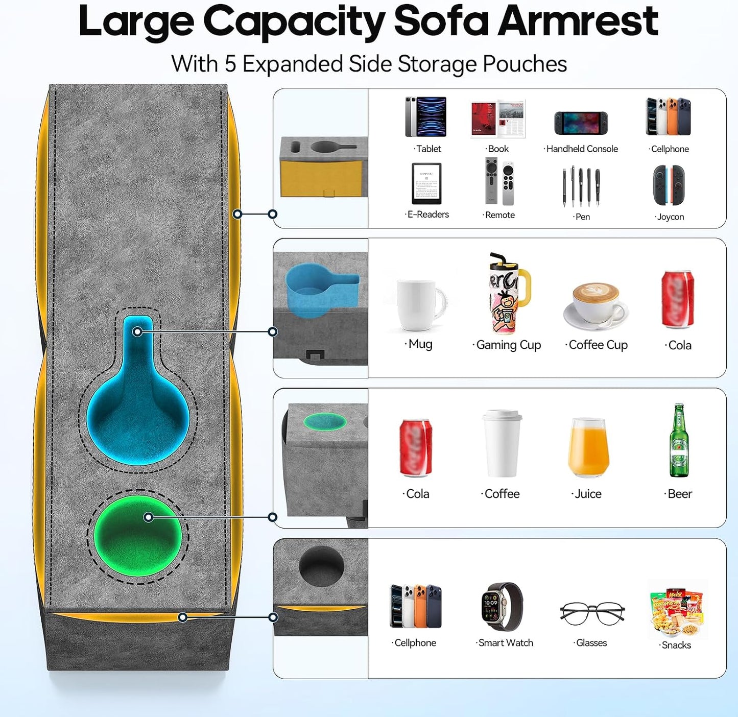 Removable Sofa Armrest Couch Caddy with Cup Holder Insert Between Cushions | Sofa Accessories Storage, Couch Armrest Pillow Table with Drink Holder