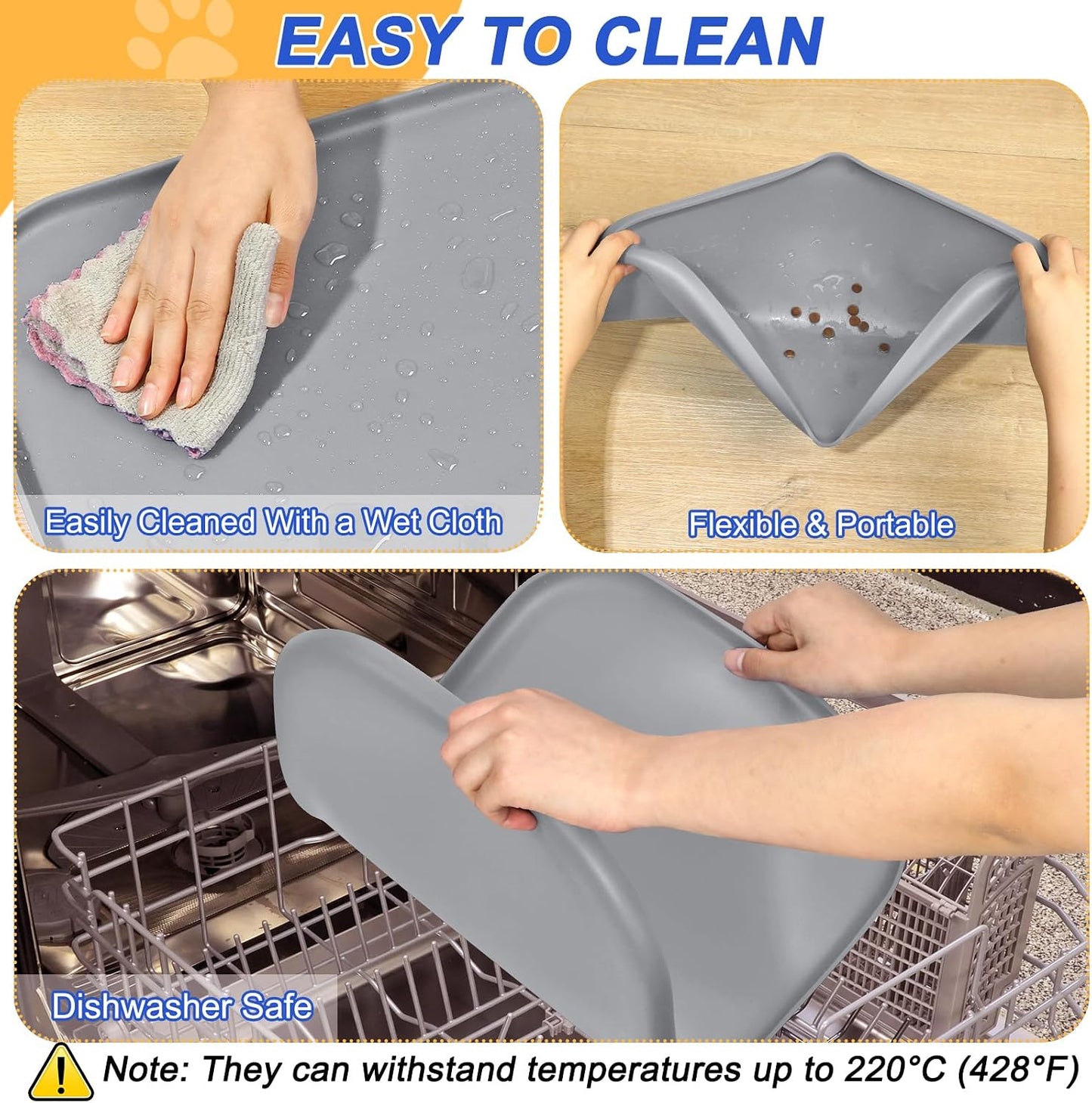 SMILOOL Waterproof Silicone Pet Food Mat with Raised Edge for Dog & Cat | 19" x 12" Non-Slip Pet Feeding Mats with Lip for Food & Water Bowl, Food Grade, Easy Cleaning, Black