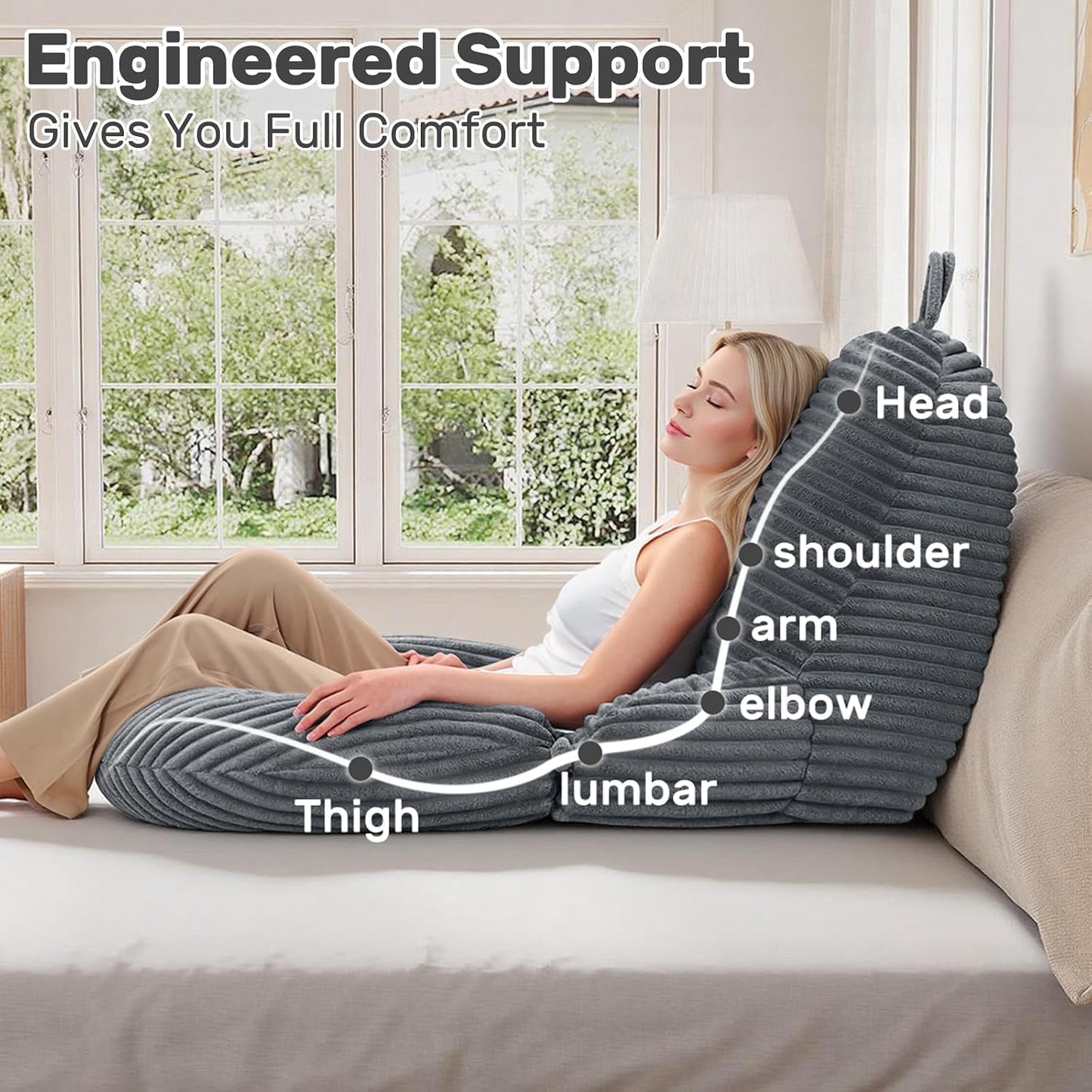 Reading Pillow for Bed, Backrest Pillow with Arms for Adult | Bed Pillow for Sitting Up, Back Support Pillows for Sleeping, Reading and Gaming with Shredded Memory Foam, Gray