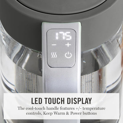 Martha Stewart 1.7L Glass Carafe Electric Kettle with Removable Tea Infuser | 7 Cups, 4 Presets, Rapid Boiling, Stainless Steel Tea Leaf Infuser, Cordless Swivel Base, Keep Warm, Auto Shut-Off, Linen