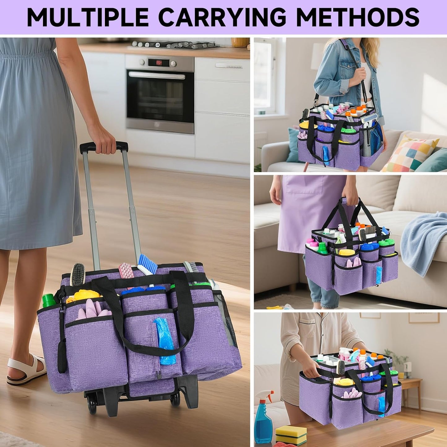 Large Rolling Cleaning Caddy Bag with Detachable Trolley,Cleaning Cart on Wheels with Shoulder Strap,Cleaning Supplies Organizer for Housekeepers,Purple