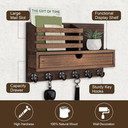 Key Holder Wall Mount, Mail Holder with Storage Drawer | Key and Mail Holder with 5 Key Hooks for Coat, Dog Leash, Home Decor Rack, House Accessories, Entry Way Organizer