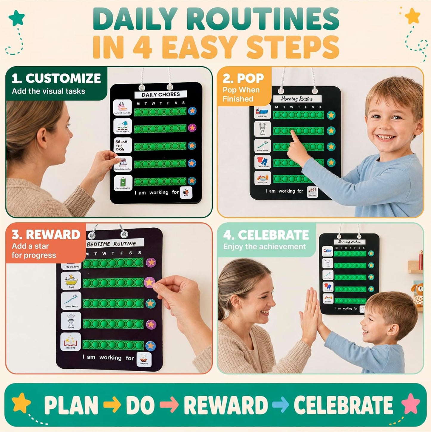 Visual Schedule for Kids, Magnetic Chore Chart & Reward System for Home, Toddler Daily Routine Board with 100 Picture Cards, Goal Magnets, Behavior Chart for Morning & Bedtime