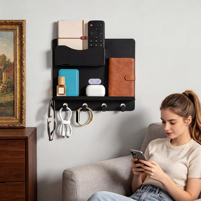 Bedside Shelf Wall Mount, Adhesive Bedside Shelf Accessories Organizer with Hooks and Cable Clips,Dorm Bedside Wall Storage for Phone, Remote, Earphone,Plastic (White)