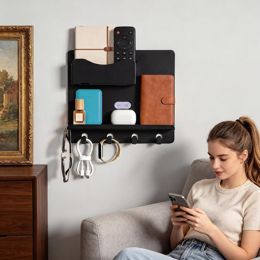 Bedside Shelf Wall Mount, Adhesive Bedside Shelf Accessories Organizer with Hooks and Cable Clips,Dorm Bedside Wall Storage for Phone, Remote, Earphone,Plastic (White)