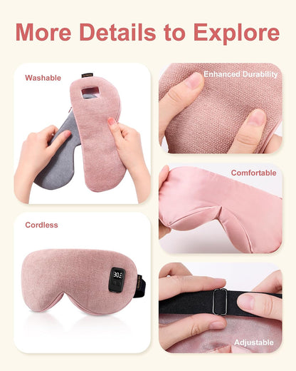 Heated Eye Mask for Dry Eyes: Warm Compress for Digital Tired Eyes, Stye Relief - Cordless, Adjustable Heat & Timer Settings - Airplane/Road Travel, Sleep aid, Office nap Pink