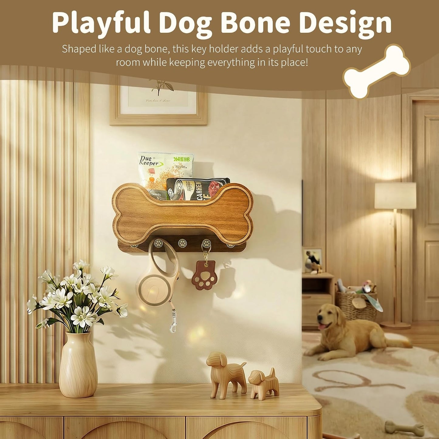 MTERSN Dog Leash Holder for Wall with Key Hooks for Dog Gear Storage, Brown | 3D Puppy Paw Hooks, Doggie Bone Shape, Key Rack with 5 Hooks, Wall Shelf for Treats & Dog Food, Ideal for Wall Decor