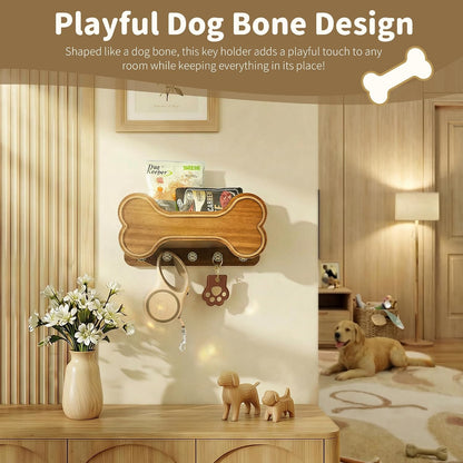 MTERSN Dog Leash Holder for Wall with Key Hooks for Dog Gear Storage, Brown | 3D Puppy Paw Hooks, Doggie Bone Shape, Key Rack with 5 Hooks, Wall Shelf for Treats & Dog Food, Ideal for Wall Decor