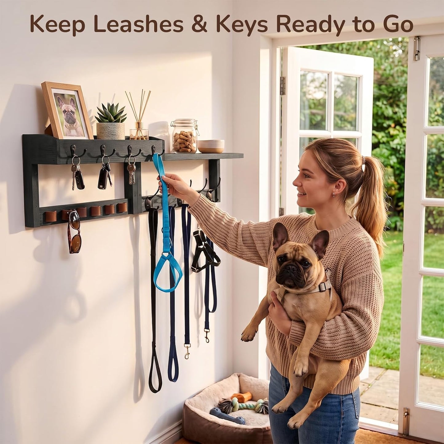 Wooden Key Holder Wall Mount with Shelf, Wall Key Rack and Mail Holder with 9 Key Hooks and 6 Sunglasses Holders, Farmhouse Key Hanger for Entryway Living Room Bedroom, Rustic Brown