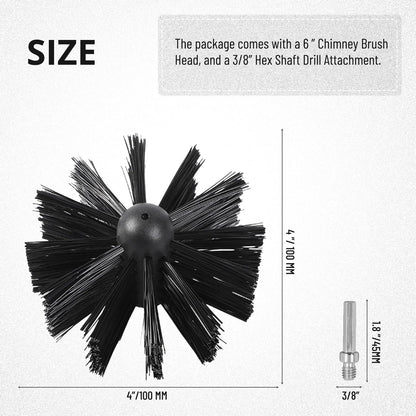 6 Inch Dryer Vent Cleaner Brush Head, Duct Cleaning Brush with 3/8” Hex Shaft Drill Attachment for Dryer Vent Cleaning, Fireplace, Chimney Washing, Compatible with Standard M8 Flexible Rods