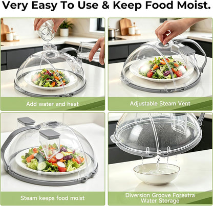 UFORU 10-Inch Foldable Microwave Splatter Cover for Food with Water Steamer | Clear Plate Cover with Handle Helps Contain Food Splatter Guard,Collapses for Compact Drawer or Cabinet Storage,Space-Saving