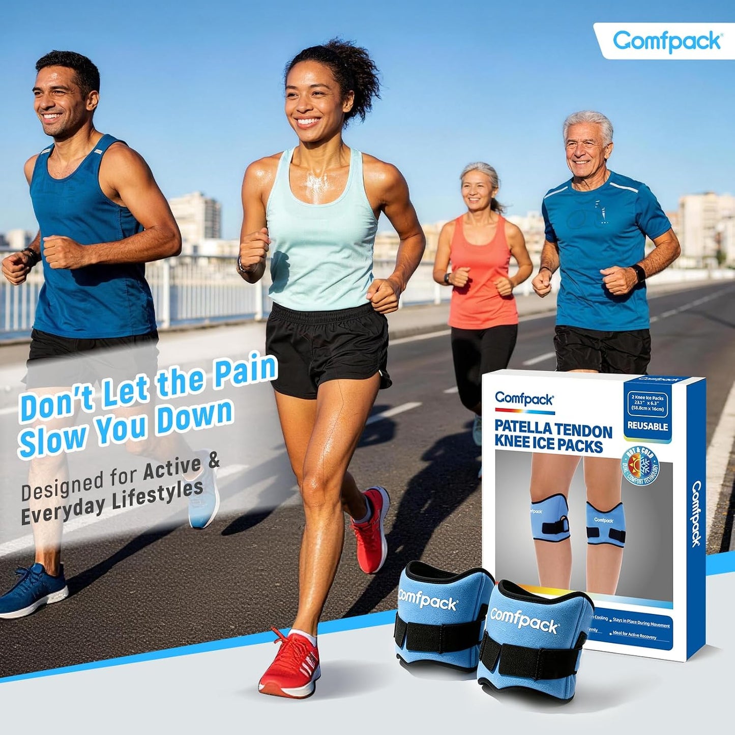 Comfpack Knee Ice Pack for Patella Tendon Relief 2 Pack, Hot Cold Therapy Knee Pain Relief Compression Support Strap for Running, Jumpers Knee, Tendonitis, Squats, Osgood Schlatter, Hiking, Soccer
